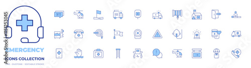 Emergency icons collection. Line Duotone style, editable stroke. defibrillator, drowning, emergency, emergency number, fire hose, medical kit, helicopter, oxygen mask, ladder, red cross, alarm