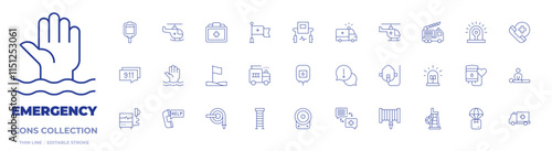 Emergency icons collection. Thin Line icons, editable stroke. Frame, ambulance, blood bag, drowning, fire truck, flag, medical kit, red cross, defibrillator