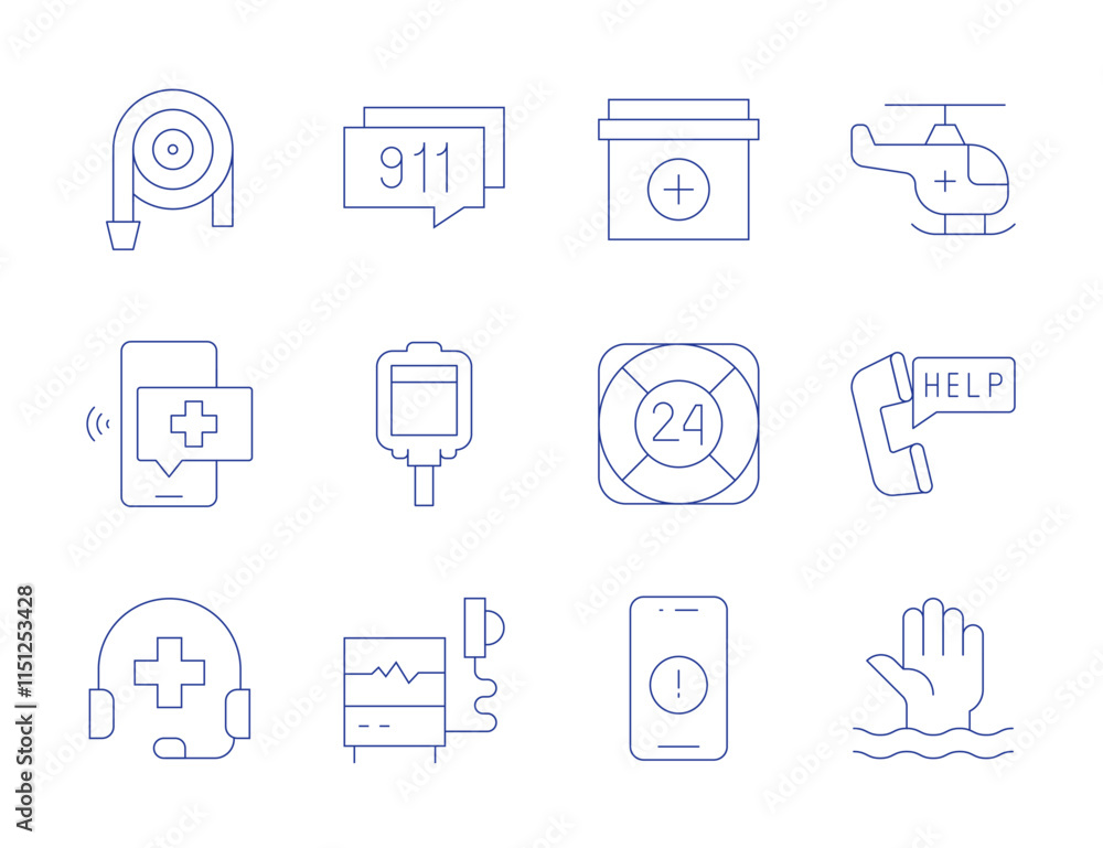 Emergency icons. Thin Line style, editable stroke. Frame, blood bag, defibrillator, fire hose, first aid kit, maritime rescue, phone call, smart home, smartphone Emergency icons. Thin Line style, editable stroke. Frame, blood bag, defibrillator, fire hose, first aid kit, maritime rescue, phone call, smart home, smartphone