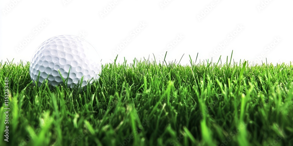 Golf ball resting on vibrant green grass against a clean white background, highlighting the details of the golf ball while showcasing the texture of the green grass. Perfect for sports imagery. Golf ball resting on vibrant green grass against a clean white background, highlighting the details of the golf ball while showcasing the texture of the green grass. Perfect for sports imagery.