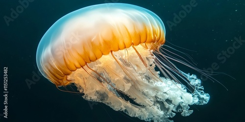 Giant barrel jellyfish, also known as rhizostoma luteum, showcases its impressive size and delicate features. This giant barrel jellyfish captivates with its unique beauty and fascinating photo