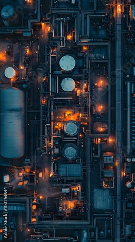 Wallpaper Mural Aerial view of an industrial complex at night, with glowing pipelines and storage tanks. Torontodigital.ca