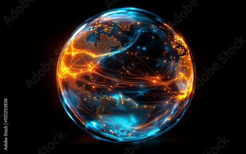 A digitalstyle globe with vibrant blue and orange lighting, encased in a network of shimmering lines representing global networks photo