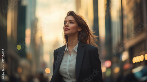 Pewna siebie kobieta w eleganckim stroju biznesowym idzie przez tętniące życiem miasto, emanując profesjonalizmem i determinacją.
 photo