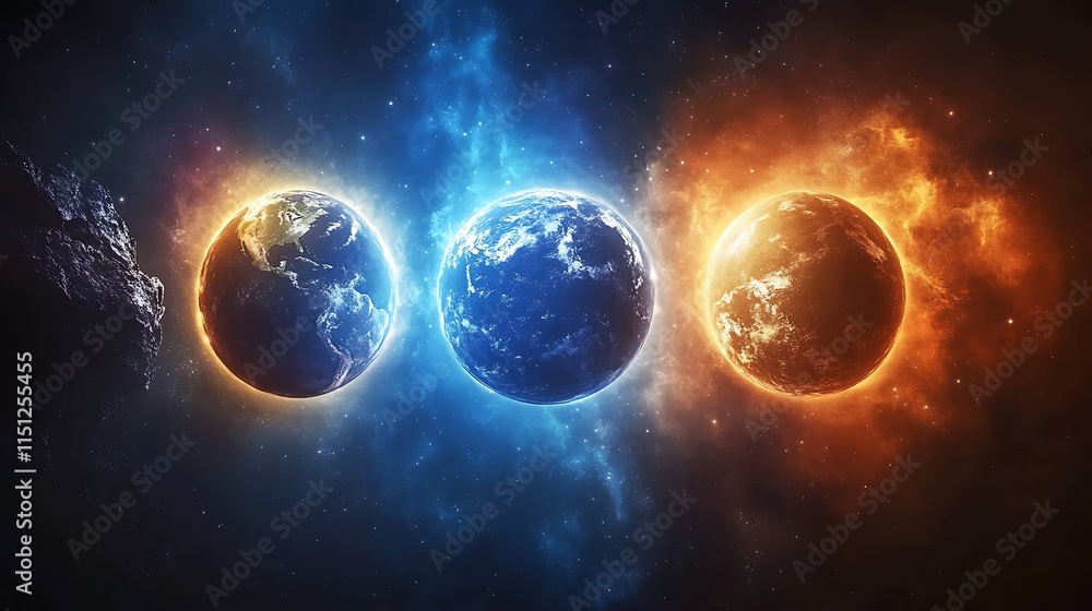 Obraz premium Three planets orbiting the Earth dark blue background