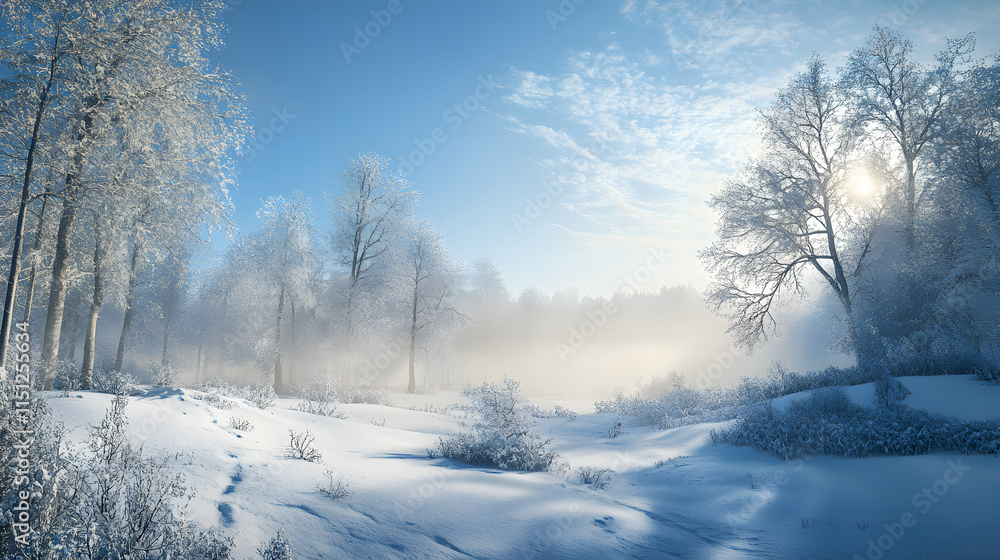 Winter landscape with snow-covered trees and fog in the morning light Winter landscape with snow-covered trees and fog in the morning light