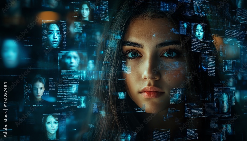 A woman s face on a computer screen, surrounded by numerous other faces, symbolizing chaos and overwhelming confusion A woman s face on a computer screen, surrounded by numerous other faces, symbolizing chaos and overwhelming confusion