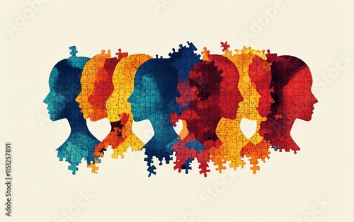 An artistic illustration of womens profiles interwoven with puzzle pieces, symbolizing the intricate connection of individuality and unity