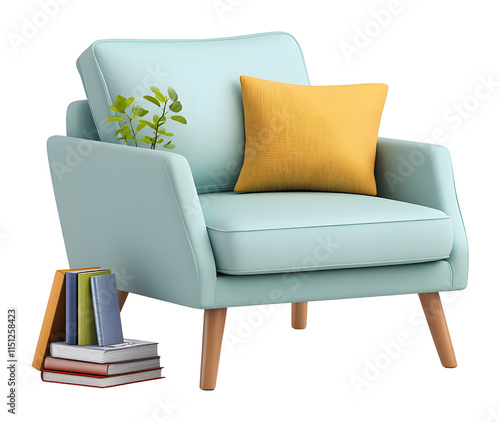 Cozy reading corner with stylish chair and books modern living room home decor bright environment eye-level view comfort and style