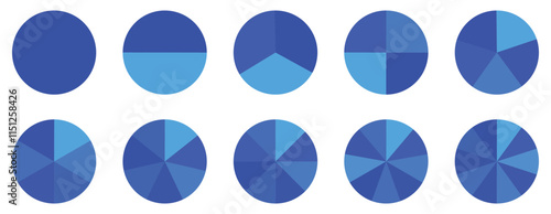 Pie chart set, segmented circle icons, circle diagram with sections or parts, vector. Pie chart infographic set. Circle diagram collection with sections or part. Segmented circle icons for infographic