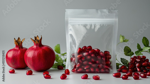 Clear resealable poly bag with Pomegranate Extract powder, vibrant fresh pomegranate seeds, white background creating a lively and fresh aesthetic photo