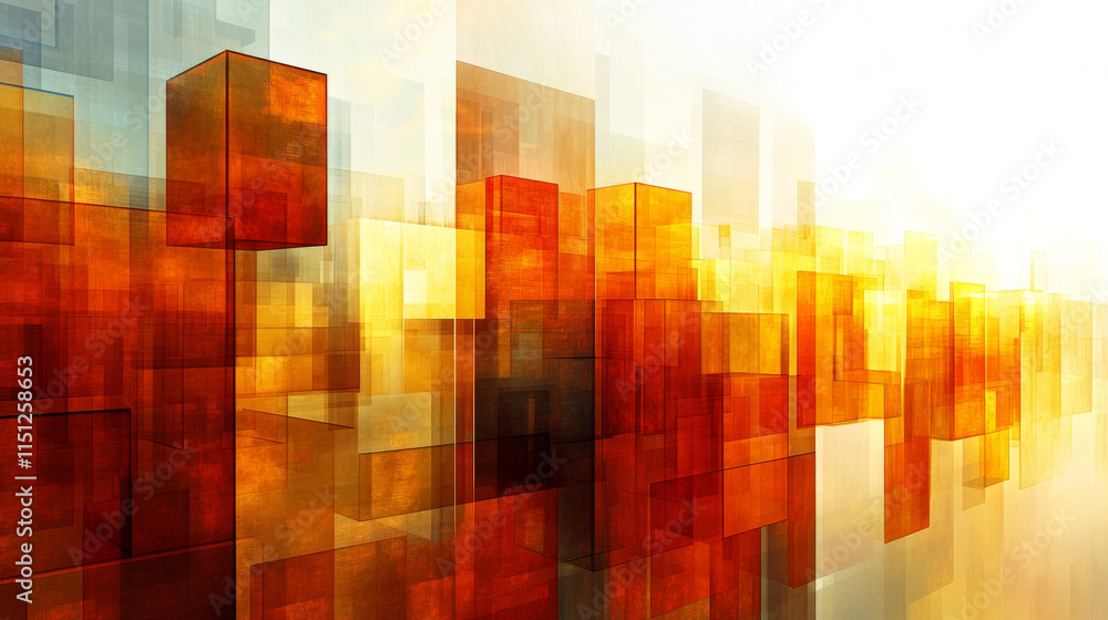 Abstract background featuring vibrant orange and yellow geometric shapes creating sense of depth and chaos. interplay of light and color evokes dynamic and energetic atmosphere