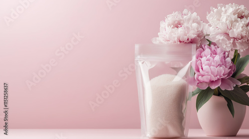 Clear Poly Bag with Resealable Zip Containing Peony Root Extract, Set Against a Soft Pastel Pink Background, Feminine and Delicate Styling photo