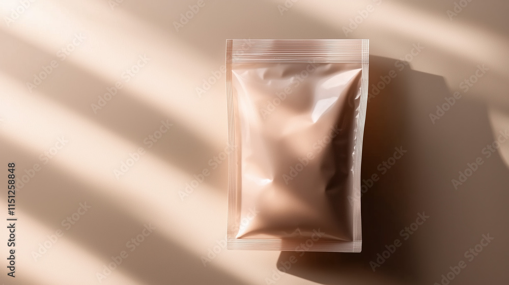 Resealable Clear Poly Bag Holding Vitamin F Powder, Placed on a Light Beige Background with Soft, Warm Lighting, Modern and Minimalist Look Resealable Clear Poly Bag Holding Vitamin F Powder, Placed on a Light Beige Background with Soft, Warm Lighting, Modern and Minimalist Look
