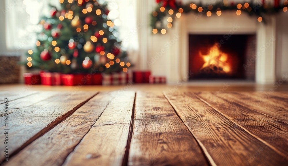 Rustic Wooden Tabletop with Blurred Christmas Background Rustic Wooden Tabletop with Blurred Christmas Background