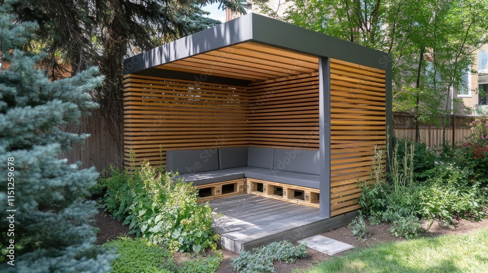 Modern wooden garden gazebo with seating. Modern wooden garden gazebo with seating.