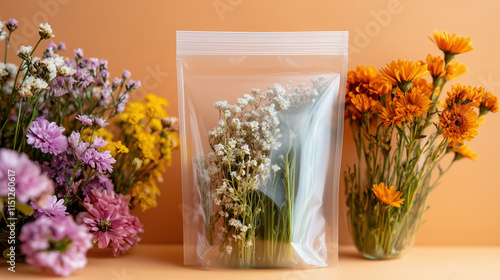 Clear Poly Bag with Resealable Zip Containing Calendula Extract, Styled with Fresh Flowers on a Soft Pastel Orange Background photo