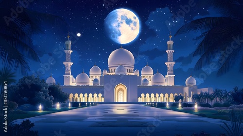 luxurious and magnificent mosque building, with a large and beautiful garden, with a beautiful view of the full moon at night photo