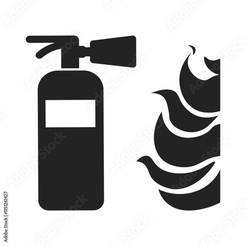 isolated glyph pictogram icon of fire extinguisher, for safety firefight safety hazard sign with  fire, flame symbol