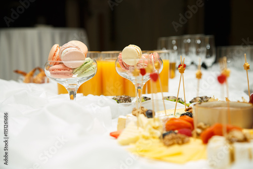 Buffet table on a white tablecloth