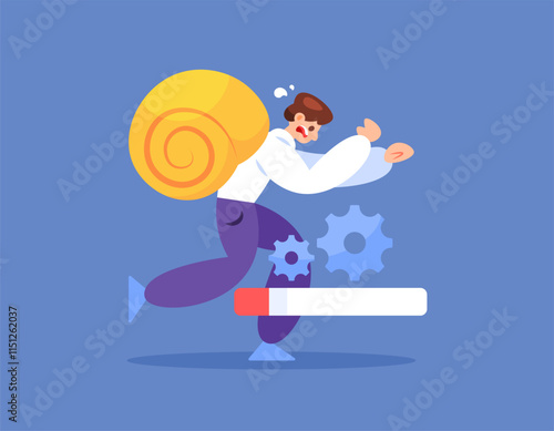 concept of a slow worker or employee. slow performance. not fast or agile in working. illustration of a man running breathlessly carrying a snail shell. flat style design. element