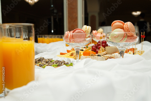 Buffet table on a white tablecloth