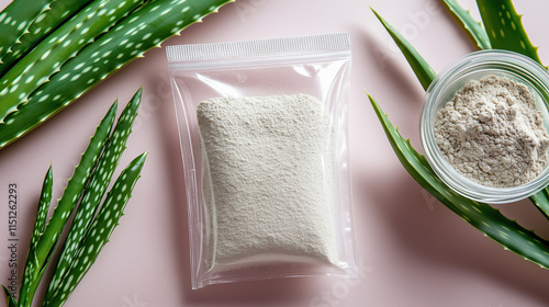 Aloe Leaf Powder in Clear Poly Bag, Fresh Leaves and White Background, Natural and Pure photo