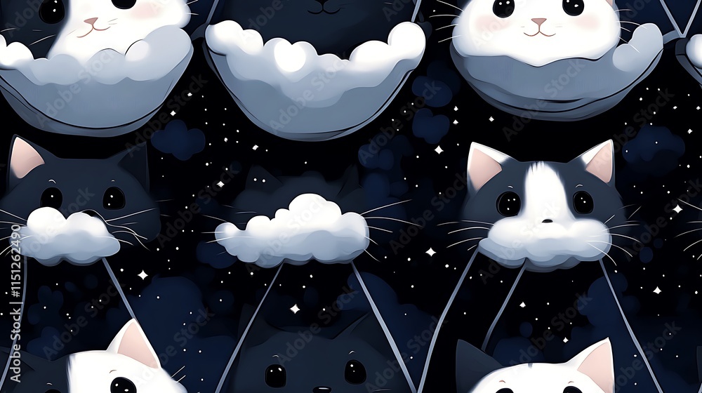Obraz premium Cozy cats nestled in tiny hammocks hanging among twinkling stars and floating clouds, a soft glowing moon casting gentle light, serene and magical vibe, hd quality, intricate details.