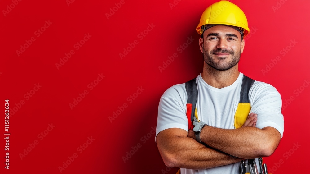 Man in a yellow hard hat is standing in front of a red wall. He is smiling and he is proud of his work Man in a yellow hard hat is standing in front of a red wall. He is smiling and he is proud of his work