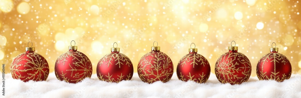 Red Christmas Ornaments in Snow Against Golden Bokeh Background Red Christmas Ornaments in Snow Against Golden Bokeh Background