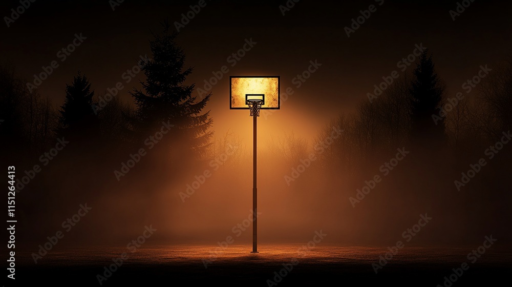 Foggy, lit basketball hoop in a dark park at night. Foggy, lit basketball hoop in a dark park at night.