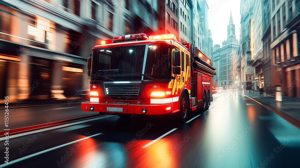 A fire truck and bright emergency lights flashing, speeding on a city street in response to an emergency call. Urgency and action of emergency response teams A fire truck and bright emergency lights flashing, speeding on a city street in response to an emergency call. Urgency and action of emergency response teams