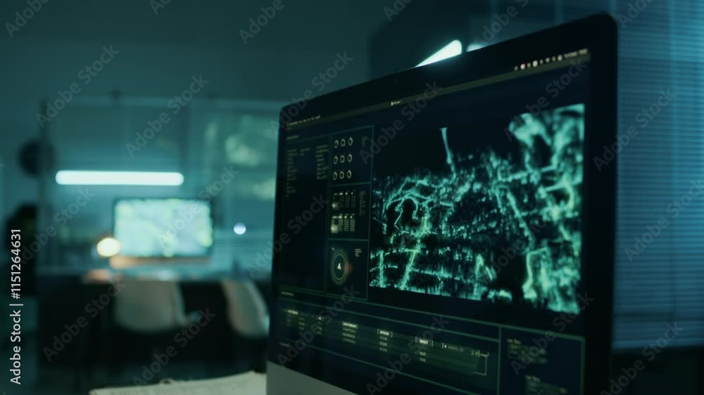 Close-up shot of computer screen at military command or intelligence headquarters at nighttime, in dim blue light, with surveillance program scanning urban area from space satellite or drone Close-up shot of computer screen at military command or intelligence headquarters at nighttime, in dim blue light, with surveillance program scanning urban area from space satellite or drone