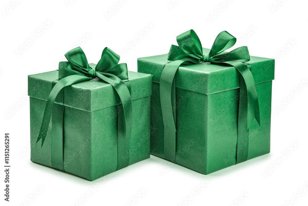 Two gifts isolated on white background. Gift boxes with green ribbon and bow. Two gifts isolated on white background. Gift boxes with green ribbon and bow.