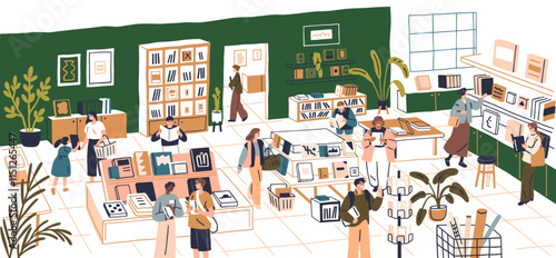 Bookstore interior. Modern book shop with literature displayed on shelves. People customers browsing, choosing, reading. Readers at libarary, store. Flat vector illustration in a panoramic view