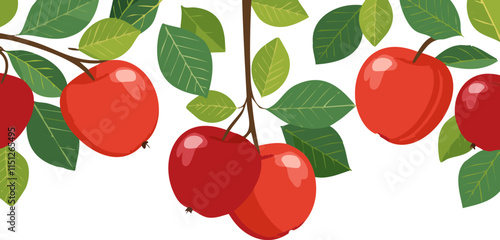 A vibrant row of perfectly red apples beautifully hangs from a sturdy branch that is adorned with lush, green leaves, creating a truly picturesque scene