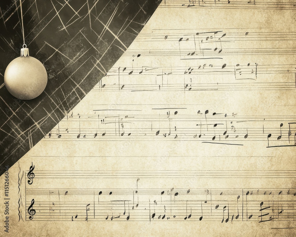 Fototapeta premium Elegant gold ornament hangs over vintage sheet music, evoking a festive and nostalgic atmosphere.