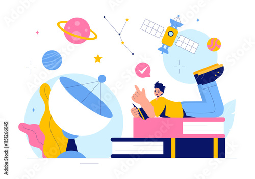 Astronomy Vector Illustration featuring People Observing a Starry Night Sky with Galaxies and Planets in Outer Space Using Telescopes in a Background