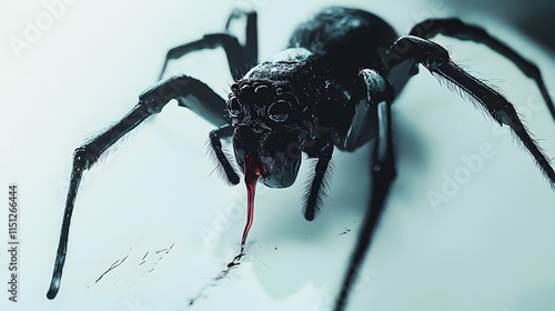 A toxic black widow spider with venom dripping from its fangs, displayed on a white background photo