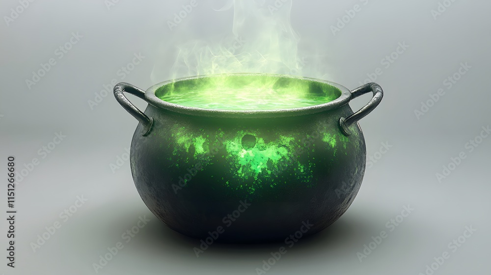 A toxic, bubbling cauldron of green liquid, emitting a faint glow, set on a white background A toxic, bubbling cauldron of green liquid, emitting a faint glow, set on a white background