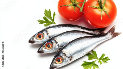 Three fish are on a white background with a tomato and some parsley. The fish are silver and have red eyes photo