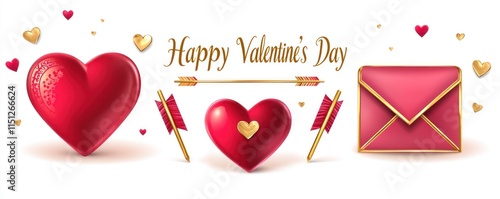 Happy Valentine's Day text with a heart and envelope in 3D, designd in pink and crimson. photo