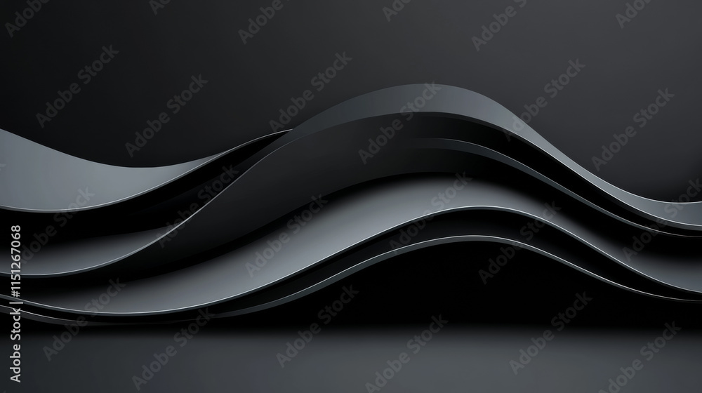 Fototapeta premium Sleek black abstract waves create sense of depth and movement, evoking modern and sophisticated atmosphere. smooth curves and shadows enhance visual appeal