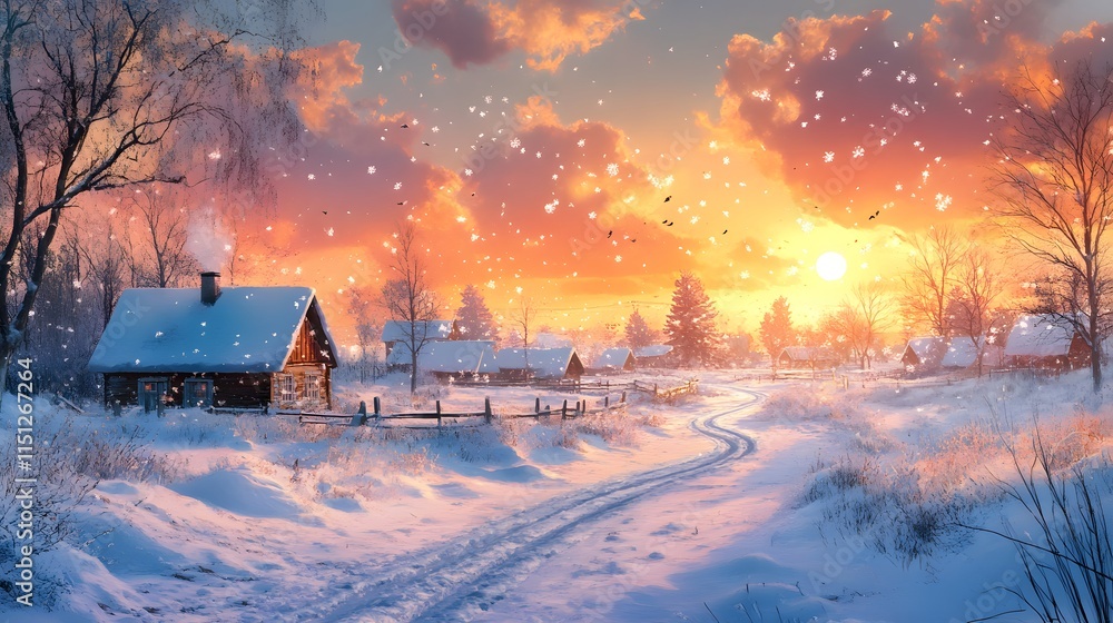 Scenic winter sunset over a tranquil snowy village with cozy cabins. Scenic winter sunset over a tranquil snowy village with cozy cabins.