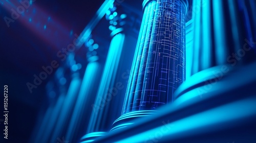 Futuristic Courthouse with Glowing Holographic Pillars and Sleek Modern Architecture