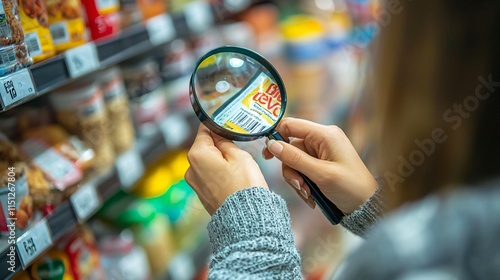 Close-up of woman examining food package label with magnifying glass, focusing on allergy details for food safety awareness.