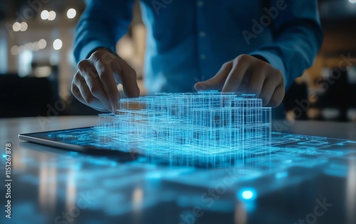 A professional engineer interacting with a 3D digital building blueprint on a tablet in a stateoftheart office, representing modern architecture and innovative design solutions photo