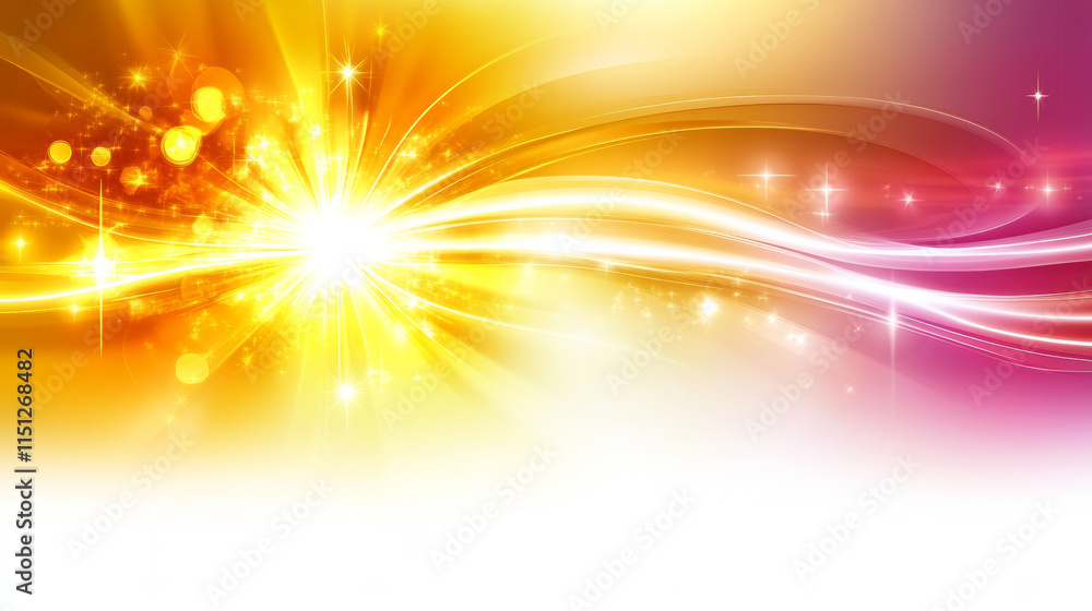 Obraz premium Bright and vibrant abstract background featuring radiant light bursts and flowing lines in warm yellow and pink hues, creating sense of energy and movement