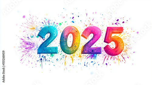 Vibrant firework-style '2025' text with colorful splashes, symbolizing joy, creativity, and celebration for the New Year on white background