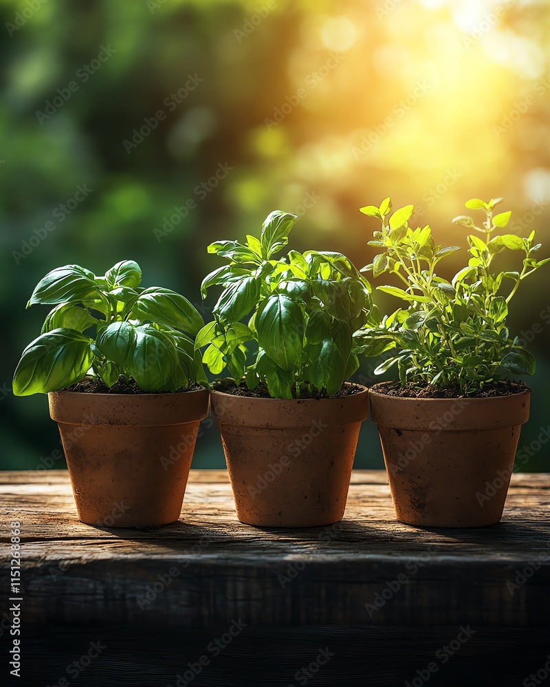 Fototapeta premium Potted plants and herbs on a rustic wooden surface, illuminated by natural light, creating a harmonious garden setting, peaceful and lifelike design